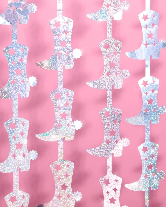 Alt view image 2 of 6 - 2pk Cowgirl Boot Iridescent Foil Curtain Last Rodeo Bach Décor Set of 2, Bachelorette Party Decorations, Birthday Photo Booth, Backdrop, Nashville, Cow, Theme, Space Cowboy