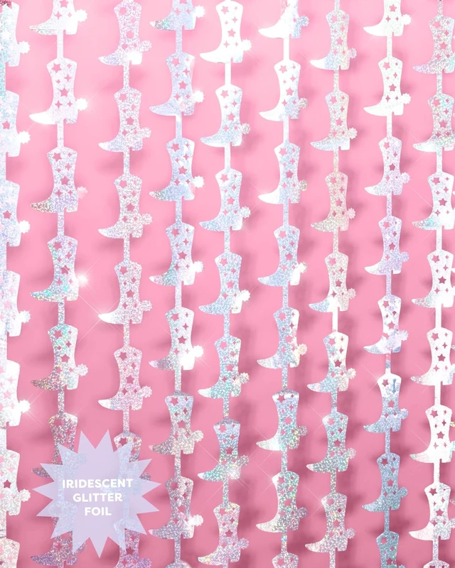 Alt view image 4 of 6 - 2pk Cowgirl Boot Iridescent Foil Curtain Last Rodeo Bach Décor Set of 2, Bachelorette Party Decorations, Birthday Photo Booth, Backdrop, Nashville, Cow, Theme, Space Cowboy