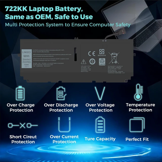 Alt view image 3 of 7 - 722KK Battery Replacement for Dell XPS 13 9300 (2020 Edition) XPS 13 9310 (2020 Edition) XPS 13 9380 (2020 Edition) P117G P117G002 P117G001 Series 02XXFW 2XXFW 0WN0N0 WN0N0 52Wh 7.6V