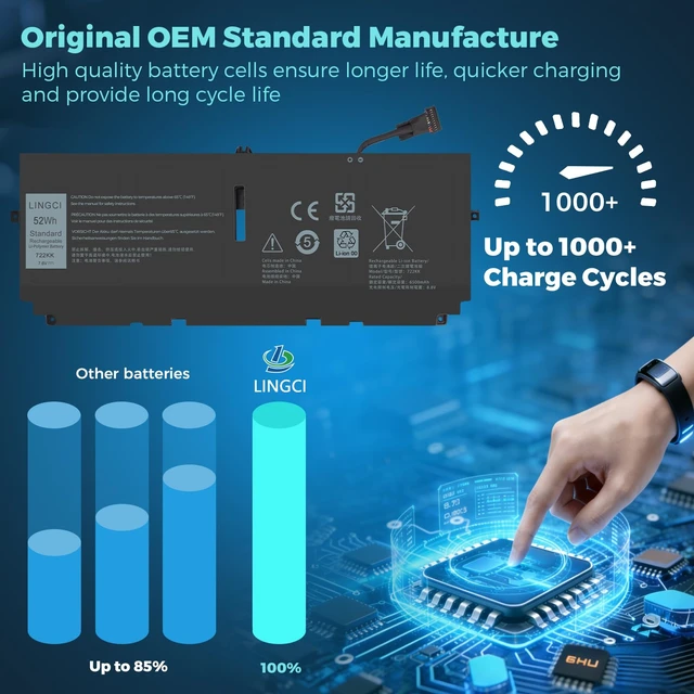 Alt view image 2 of 7 - 722KK Battery Replacement for Dell XPS 13 9300 (2020 Edition) XPS 13 9310 (2020 Edition) XPS 13 9380 (2020 Edition) P117G P117G002 P117G001 Series 02XXFW 2XXFW 0WN0N0 WN0N0 52Wh 7.6V