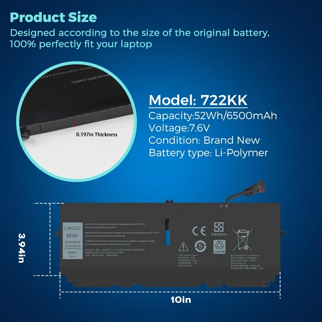 Alt view image 4 of 7 - 722KK Battery Replacement for Dell XPS 13 9300 (2020 Edition) XPS 13 9310 (2020 Edition) XPS 13 9380 (2020 Edition) P117G P117G002 P117G001 Series 02XXFW 2XXFW 0WN0N0 WN0N0 52Wh 7.6V
