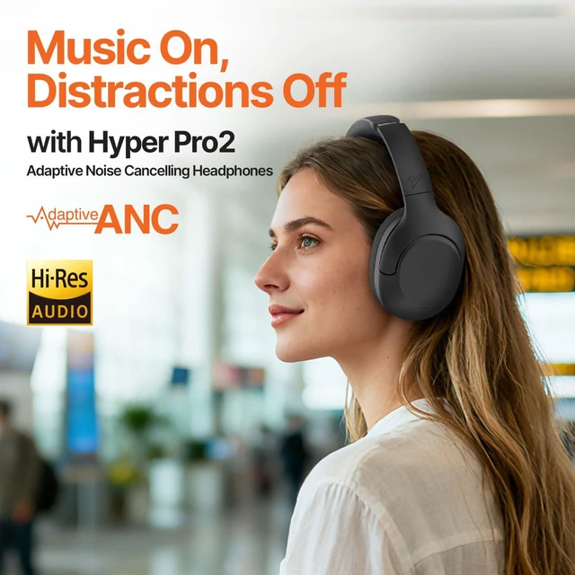 Alt view image 2 of 7 - Hyper Pro 2 Bluetooth Headphones Over Ear, Hi-Res Audio, Adaptive Noise Cancelling, 60H Playtime, DEEP360 Spatial Sound, Comfort Mesh Ear Cushions, Deep Bass, Custom EQ (Pro 2, Black)