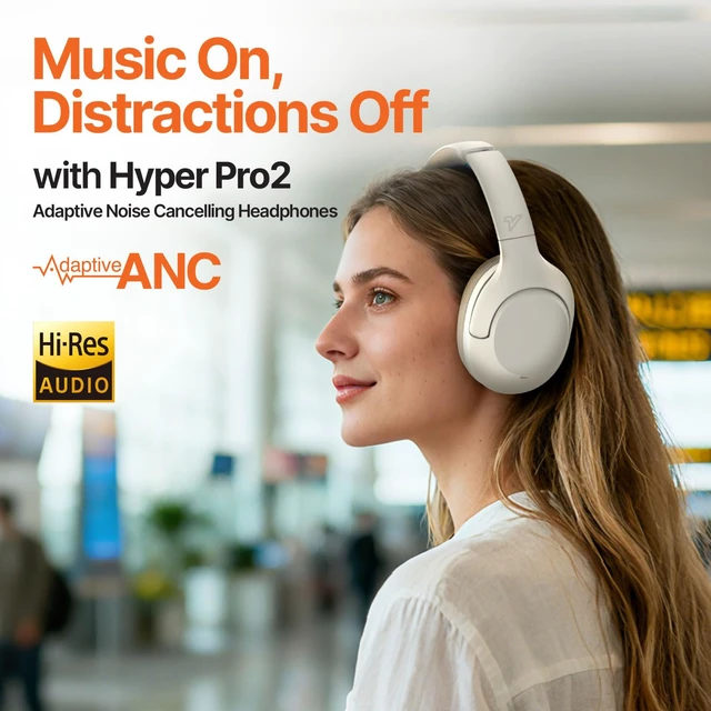 Alt view image 2 of 7 - Hyper Pro 2 Bluetooth Headphones Over Ear, Hi-Res Audio, Adaptive Noise Cancelling, 60H Playtime, DEEP360 Spatial Sound, Comfort Mesh Ear Cushions, Deep Bass, Custom EQ (Pro 2, Ivory White)
