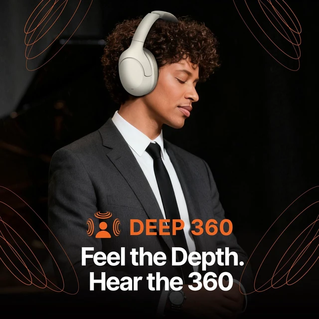 Alt view image 3 of 7 - Hyper Pro 2 Bluetooth Headphones Over Ear, Hi-Res Audio, Adaptive Noise Cancelling, 60H Playtime, DEEP360 Spatial Sound, Comfort Mesh Ear Cushions, Deep Bass, Custom EQ (Pro 2, Ivory White)