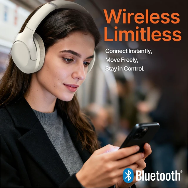 Alt view image 4 of 7 - Hyper Pro 2 Bluetooth Headphones Over Ear, Hi-Res Audio, Adaptive Noise Cancelling, 60H Playtime, DEEP360 Spatial Sound, Comfort Mesh Ear Cushions, Deep Bass, Custom EQ (Pro 2, Ivory White)