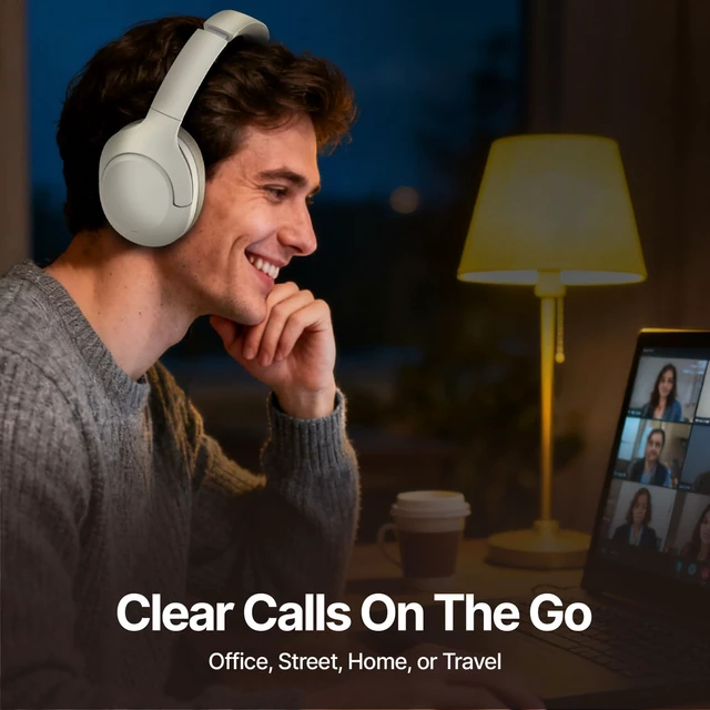 Alt view image 6 of 7 - Hyper Pro 2 Bluetooth Headphones Over Ear, Hi-Res Audio, Adaptive Noise Cancelling, 60H Playtime, DEEP360 Spatial Sound, Comfort Mesh Ear Cushions, Deep Bass, Custom EQ (Pro 2, Ivory White)