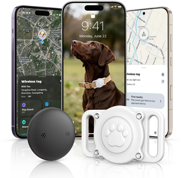 Main image of GPS Dog Tracker Collar (iOS & Android), Pet Activity Tracker No Monthly Fee Pet Location Tracker with Holder Works with Apple Find My & Google Find Hub, Finder Tag for Pets, Items White 1 Pack