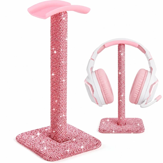 Main image of Pink Headphone Stand, Rhinestone Headset Holder for Office Desk Closely set pink rhinestones, a soft silicone rest and four anti-slip feet combine display-worthy sparkle with daily support