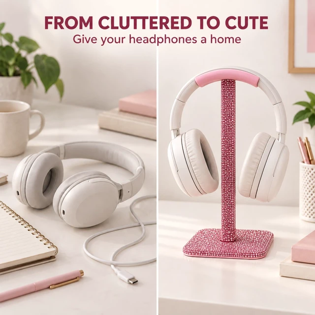 Alt view image 2 of 7 - Pink Headphone Stand, Rhinestone Headset Holder for Office Desk Closely set pink rhinestones, a soft silicone rest and four anti-slip feet combine display-worthy sparkle with daily support