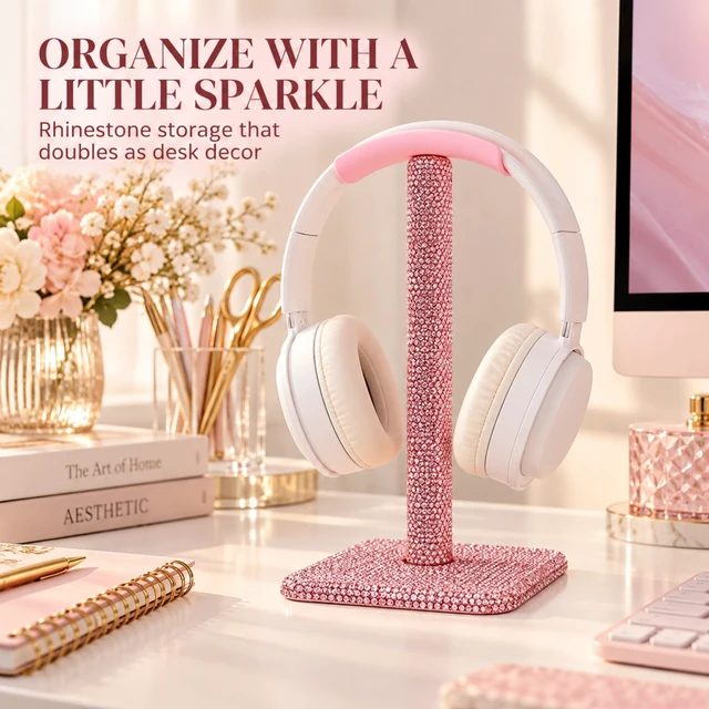 Alt view image 3 of 7 - Pink Headphone Stand, Rhinestone Headset Holder for Office Desk Closely set pink rhinestones, a soft silicone rest and four anti-slip feet combine display-worthy sparkle with daily support