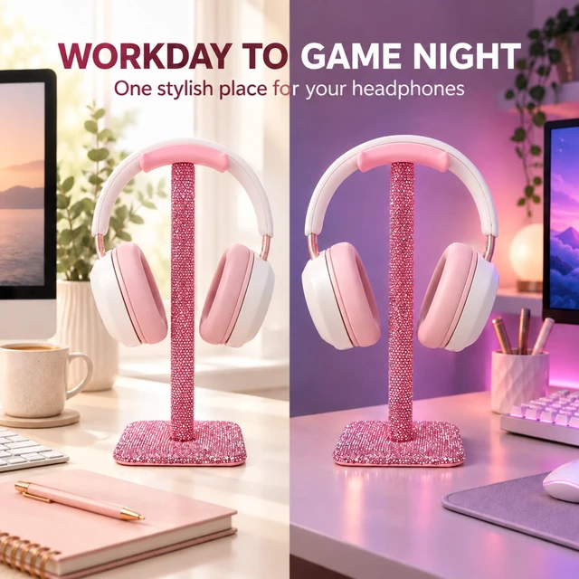 Alt view image 5 of 7 - Pink Headphone Stand, Rhinestone Headset Holder for Office Desk Closely set pink rhinestones, a soft silicone rest and four anti-slip feet combine display-worthy sparkle with daily support