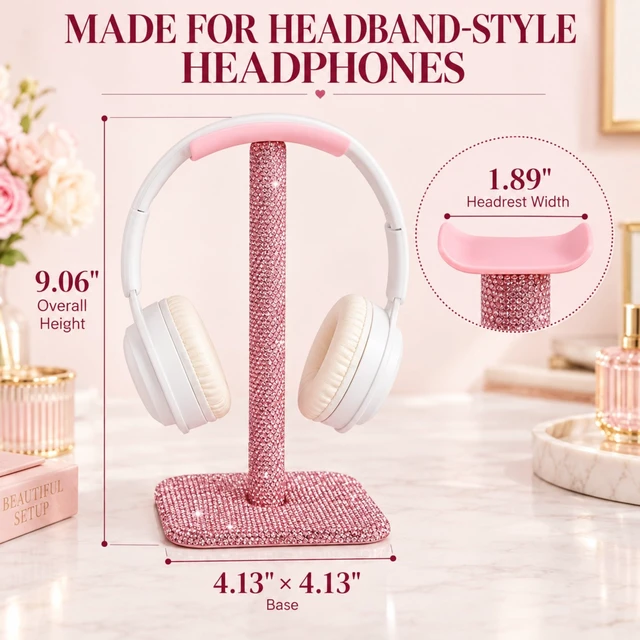 Alt view image 4 of 7 - Pink Headphone Stand, Rhinestone Headset Holder for Office Desk Closely set pink rhinestones, a soft silicone rest and four anti-slip feet combine display-worthy sparkle with daily support