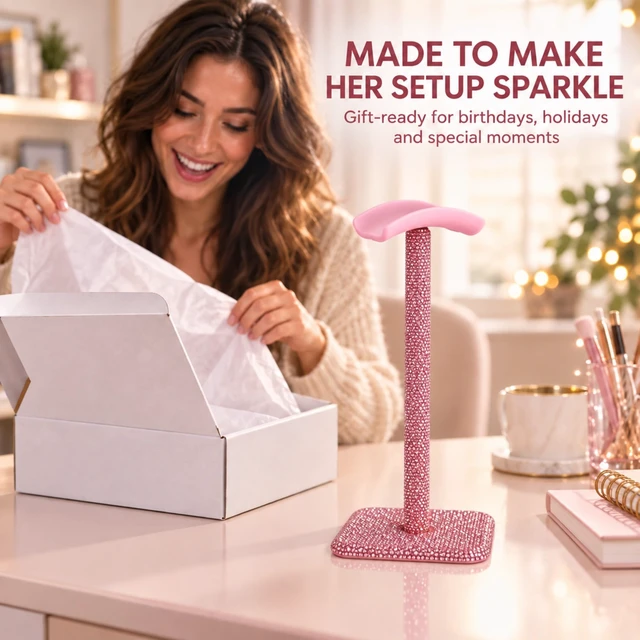 Alt view image 6 of 7 - Pink Headphone Stand, Rhinestone Headset Holder for Office Desk Closely set pink rhinestones, a soft silicone rest and four anti-slip feet combine display-worthy sparkle with daily support
