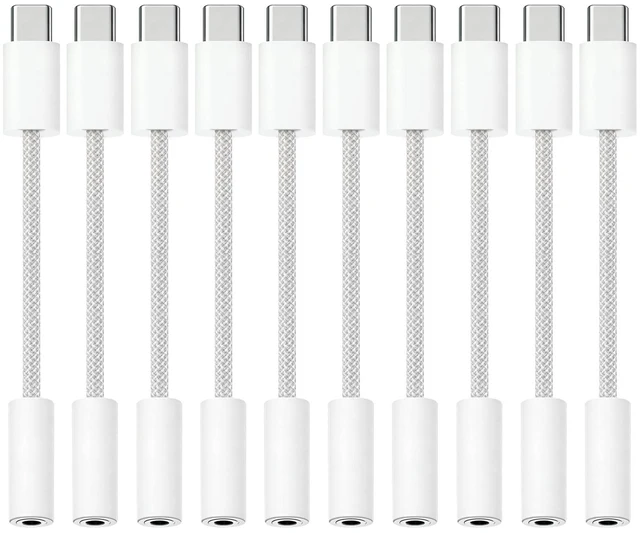Main image of USB-C to 3.5mm Audio Headphone Adapter - HiFi Compatible with Apple iPhone 17 16 15 Galaxy S25 S24 S23 S22 S21 Plus Pro Max Ultra Pixel iPad - Type C to Aux Cord Jack Dongle Nylon-Braided (10 Pack)