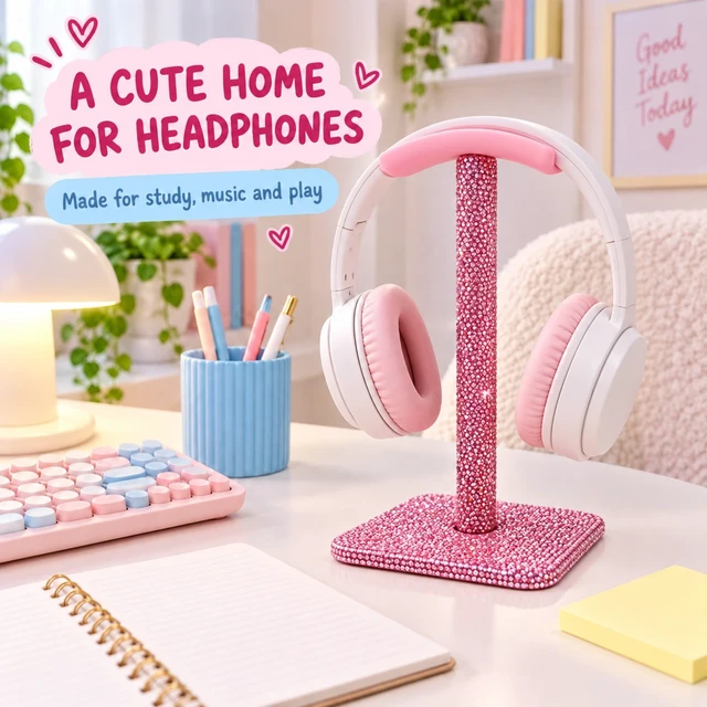 Alt view image 7 of 7 - Pink Headphone Stand, Rhinestone Headset Holder for Office Desk Closely set pink rhinestones, a soft silicone rest and four anti-slip feet combine display-worthy sparkle with daily support