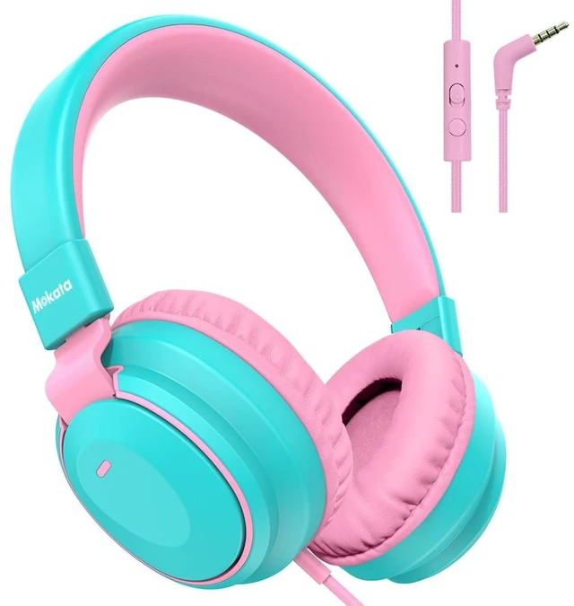 Main image of Headphone Kids Volume Limited 85/94dB Wired Over-Ear/On-Earr Foldable Headset with Inline Cable Aux 3.5mm Cord Mic for Toddler Boy Girl Child Back to School Study Pad Tablet Cyan