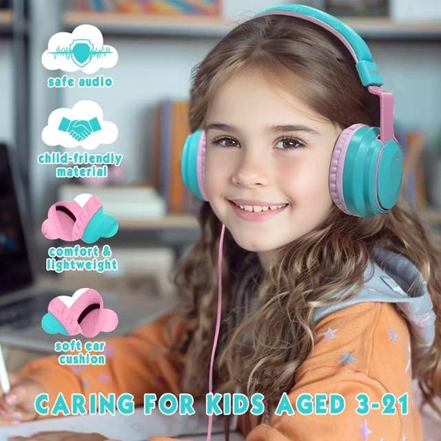 Alt view image 2 of 7 - Headphone Kids Volume Limited 85/94dB Wired Over-Ear/On-Earr Foldable Headset with Inline Cable Aux 3.5mm Cord Mic for Toddler Boy Girl Child Back to School Study Pad Tablet Cyan