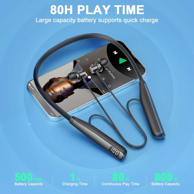 Alt view image 2 of 7 - Neckband Headphones Bluetooth 5.4 with Microphone, Wireless Stereo Neckband Earbuds, LED Display, 80 Hrs Play Music,Waterproof Earphones, in Ear Headset for Music, Sport, Workout, Outdoor