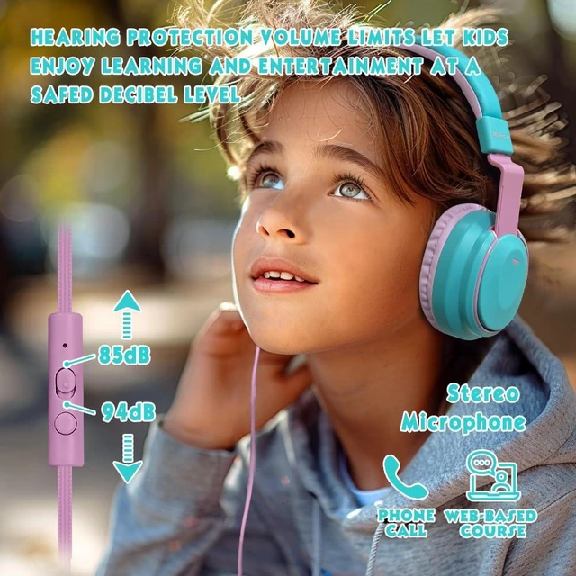 Alt view image 3 of 7 - Headphone Kids Volume Limited 85/94dB Wired Over-Ear/On-Earr Foldable Headset with Inline Cable Aux 3.5mm Cord Mic for Toddler Boy Girl Child Back to School Study Pad Tablet Cyan