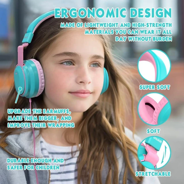 Alt view image 4 of 7 - Headphone Kids Volume Limited 85/94dB Wired Over-Ear/On-Earr Foldable Headset with Inline Cable Aux 3.5mm Cord Mic for Toddler Boy Girl Child Back to School Study Pad Tablet Cyan