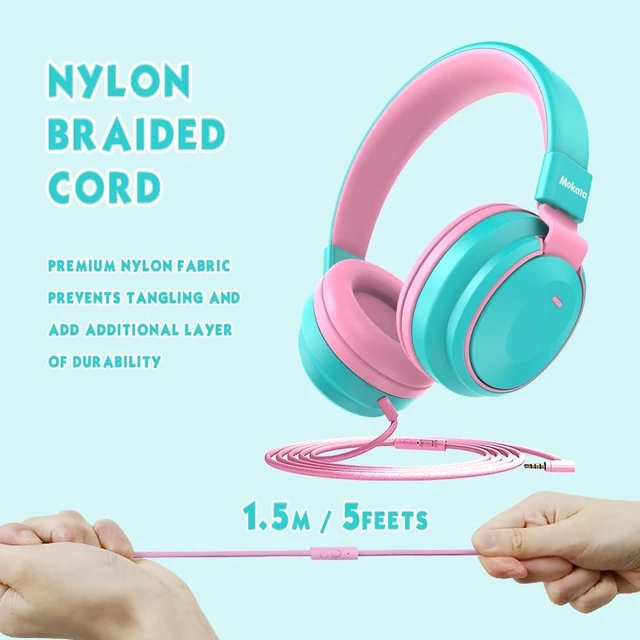 Alt view image 6 of 7 - Headphone Kids Volume Limited 85/94dB Wired Over-Ear/On-Earr Foldable Headset with Inline Cable Aux 3.5mm Cord Mic for Toddler Boy Girl Child Back to School Study Pad Tablet Cyan