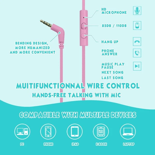 Alt view image 7 of 7 - Headphone Kids Volume Limited 85/94dB Wired Over-Ear/On-Earr Foldable Headset with Inline Cable Aux 3.5mm Cord Mic for Toddler Boy Girl Child Back to School Study Pad Tablet Cyan