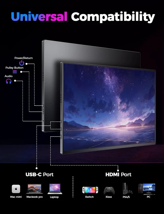 Alt view image 7 of 7 - 16" 2.5K Portable Monitor,2560x1600 QHD 16:10 400 Nits Portable Gaming Monitor for Mac Laptop Phone PS4/5 Xbox Switch,External Second Screen Built-in Speakers