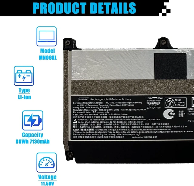 Alt view image 2 of 7 - MN06XL M82230-005 Laptop Battery Replacement for HP Zbook Studio 16 G9 Zbook Studio 16 G10 Mobile Workstation Series M82220-1C1 TPN-DB1B TPN-IB0M M82220-2C1 MN06086XL 86Wh 7130mAh 11.58V