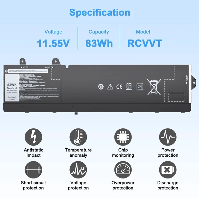 Alt view image 2 of 6 - RCVVT 11.55V 83Wh Laptop Battery Replacement for Dell Precision Fit for 7670 7680 7770 7780 Series Notebook X9FTM T6PFX 451-BCYH 0X26RT X26RT 0NWDC0 NWDC0