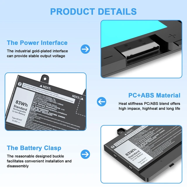 Alt view image 3 of 6 - RCVVT 11.55V 83Wh Laptop Battery Replacement for Dell Precision Fit for 7670 7680 7770 7780 Series Notebook X9FTM T6PFX 451-BCYH 0X26RT X26RT 0NWDC0 NWDC0