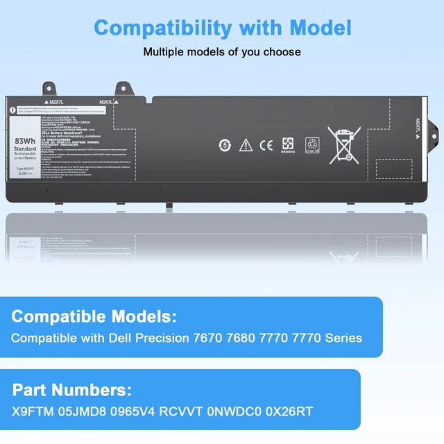 Alt view image 4 of 6 - RCVVT 11.55V 83Wh Laptop Battery Replacement for Dell Precision Fit for 7670 7680 7770 7780 Series Notebook X9FTM T6PFX 451-BCYH 0X26RT X26RT 0NWDC0 NWDC0