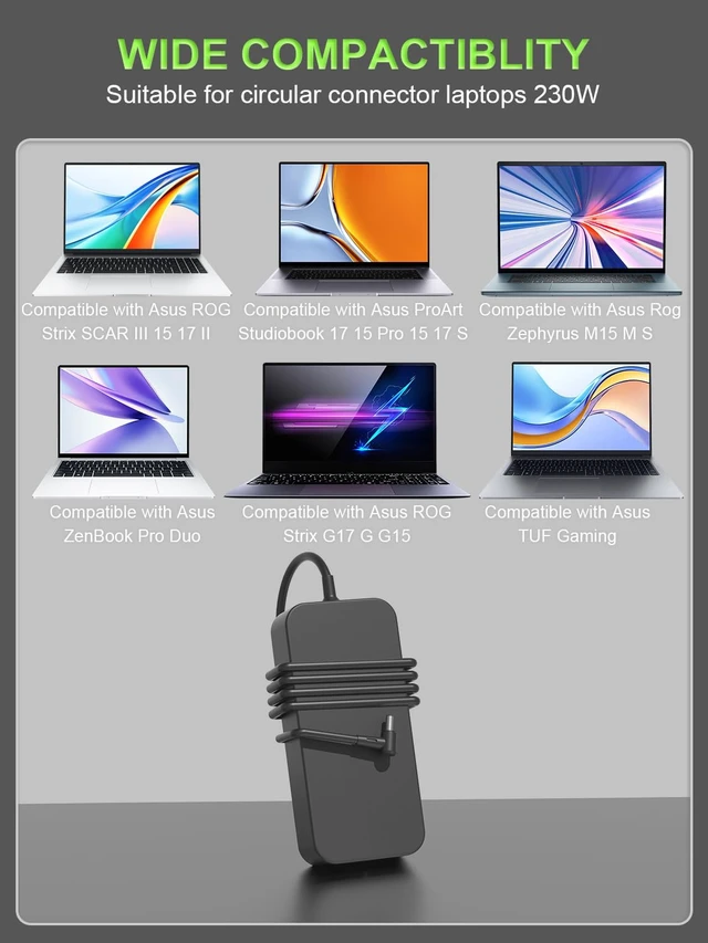 Alt view image 3 of 7 - 230W Charger Compatible with ASUS ROG Zephyrus M15 S M GU502 GM501 GX502 GX701 GX531 GX501 GU501 Strix Scar II III 17 15 G17 G15 G GL704 GL504 G732 G512 ProArt15 17 Laptop