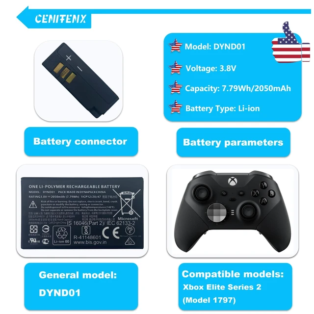 Alt view image 3 of 6 - DYND01 Battery Replacement for Microsoft Xbox Elite Series 2 Controller Battery Model 1797 (3.8V,7.79Wh,2050mAh) with Repair Tool Kit