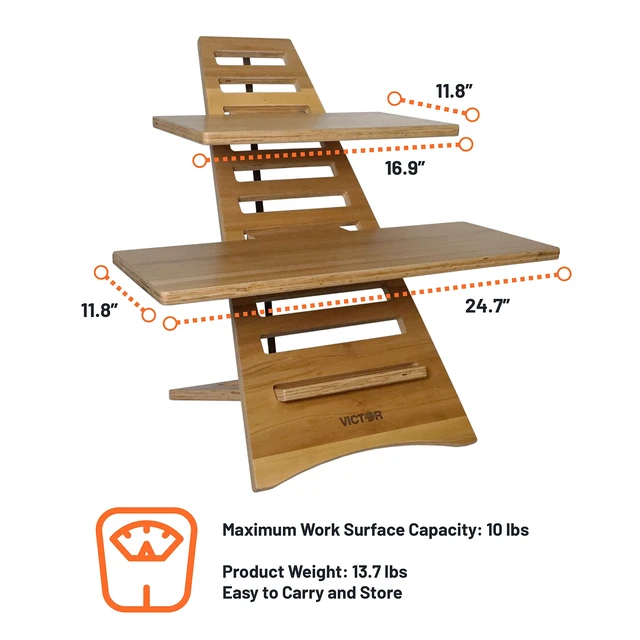 Alt view image 2 of 7 - Laptop Stand - Acacia Wood Standing Desk Converter with Dual Trays, 10-Level Height Adjustment, Fast Tool-Free Assembly, for Dorms, Bedrooms, and Home Offices