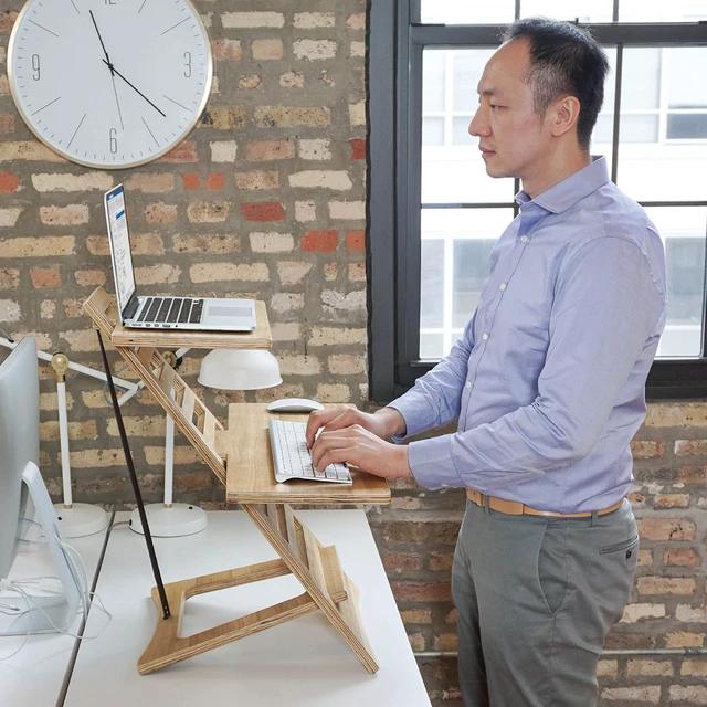 Alt view image 5 of 7 - Laptop Stand - Acacia Wood Standing Desk Converter with Dual Trays, 10-Level Height Adjustment, Fast Tool-Free Assembly, for Dorms, Bedrooms, and Home Offices