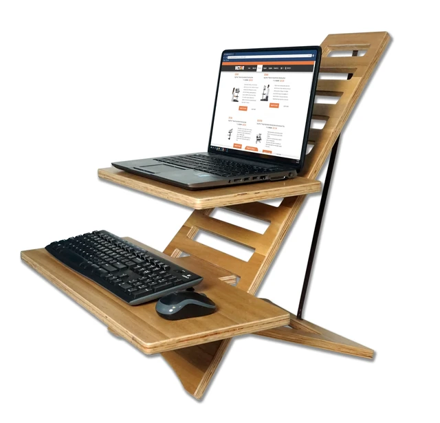 Alt view image 4 of 7 - Laptop Stand - Acacia Wood Standing Desk Converter with Dual Trays, 10-Level Height Adjustment, Fast Tool-Free Assembly, for Dorms, Bedrooms, and Home Offices