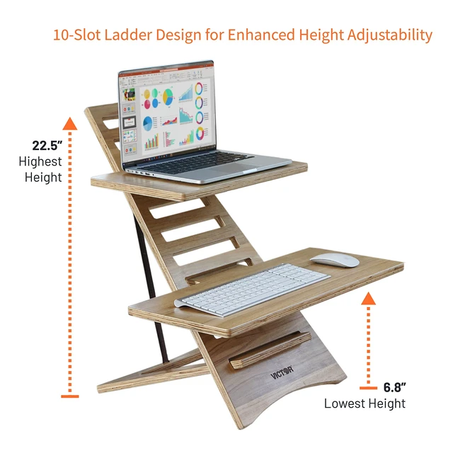 Alt view image 3 of 7 - Laptop Stand - Acacia Wood Standing Desk Converter with Dual Trays, 10-Level Height Adjustment, Fast Tool-Free Assembly, for Dorms, Bedrooms, and Home Offices