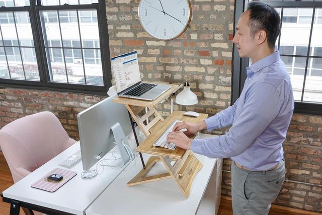 Alt view image 7 of 7 - Laptop Stand - Acacia Wood Standing Desk Converter with Dual Trays, 10-Level Height Adjustment, Fast Tool-Free Assembly, for Dorms, Bedrooms, and Home Offices
