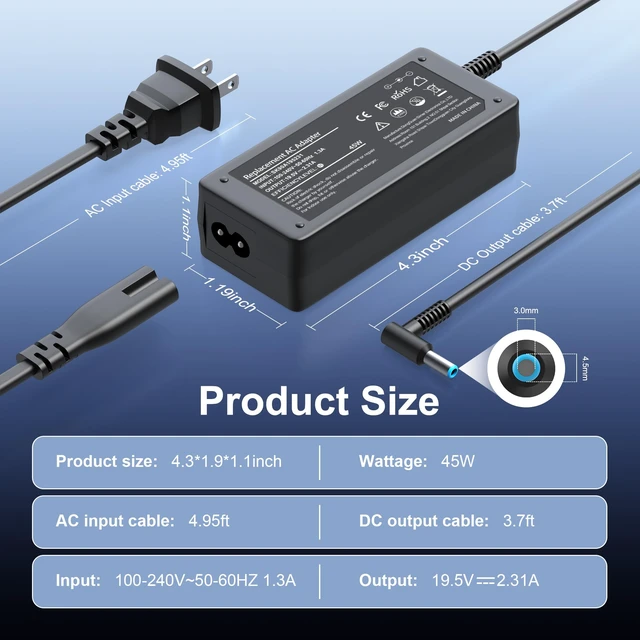 Alt view image 3 of 7 - 45W Laptop Charger Smart Blue Tip for HP Stream,Pavilion,EliteBook Compatible with HP Envy11,ProBook,Spectre,Zbook14u/15,Notebook14/15,Chromebook11 EE,19.5V 2.31A Computer Power Supply Cord
