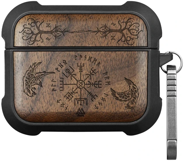Main image of Solid Wood Case for AirPods Pro 2, The Guiding Vegvisir, Walnut AirPods Pro Case 2nd/1st Generation with Quick-Release Keychain, Shockproof TPU Cover, Artisan-Engraved Solid Wood