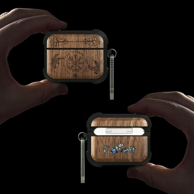 Alt view image 2 of 7 - Solid Wood Case for AirPods Pro 2, The Guiding Vegvisir, Walnut AirPods Pro Case 2nd/1st Generation with Quick-Release Keychain, Shockproof TPU Cover, Artisan-Engraved Solid Wood