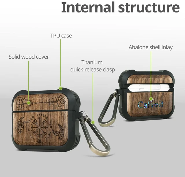 Alt view image 4 of 7 - Solid Wood Case for AirPods Pro 2, The Guiding Vegvisir, Walnut AirPods Pro Case 2nd/1st Generation with Quick-Release Keychain, Shockproof TPU Cover, Artisan-Engraved Solid Wood
