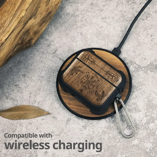 Alt view image 5 of 7 - Solid Wood Case for AirPods Pro 2, The Guiding Vegvisir, Walnut AirPods Pro Case 2nd/1st Generation with Quick-Release Keychain, Shockproof TPU Cover, Artisan-Engraved Solid Wood