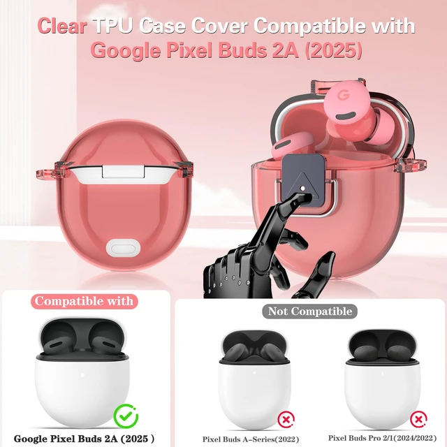 Alt view image 2 of 7 - Case for Google Pixel Buds 2a Case Cover, Clear TPU Cover with Secure Lock Shockproof Protective Skin Case for Google Pixel Buds 2a 2025 with Keychain & Cleaner Kit for Girls Boy (Clear Berry)