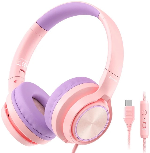 Main image of USB-C Kids Headphones with Mic, Over Ear Headphones for School 85/94dB Safe Volume Limit, Adjustable Headband, Foldable Wired Headphones for Boys/ Girls/iPad/Tablet/Travel/Laptop, Pink