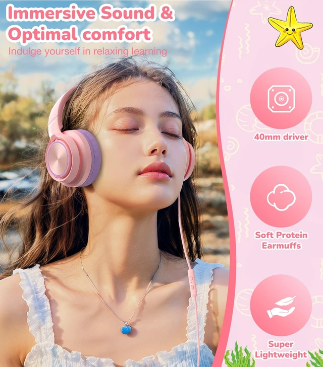 Alt view image 4 of 7 - USB-C Kids Headphones with Mic, Over Ear Headphones for School 85/94dB Safe Volume Limit, Adjustable Headband, Foldable Wired Headphones for Boys/ Girls/iPad/Tablet/Travel/Laptop, Pink