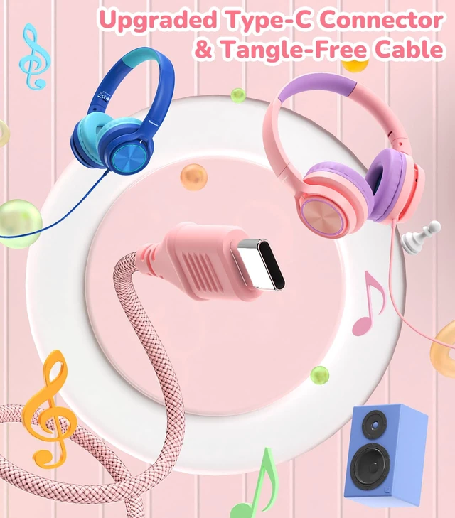 Alt view image 3 of 7 - USB-C Kids Headphones with Mic, Over Ear Headphones for School 85/94dB Safe Volume Limit, Adjustable Headband, Foldable Wired Headphones for Boys/ Girls/iPad/Tablet/Travel/Laptop, Pink