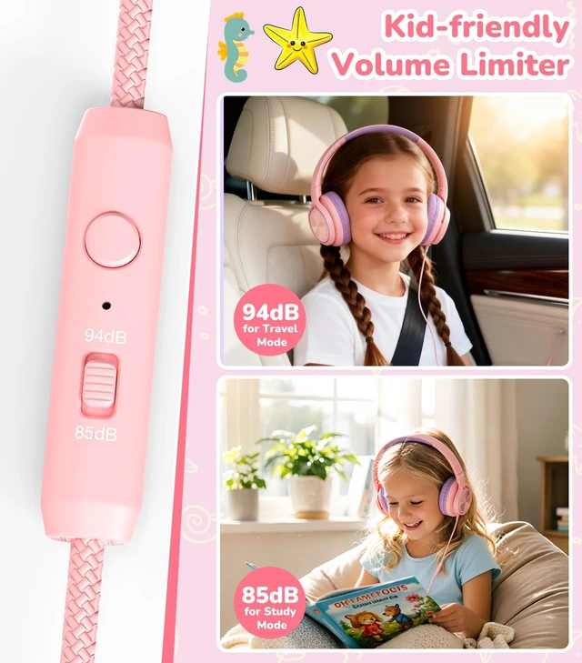 Alt view image 2 of 7 - USB-C Kids Headphones with Mic, Over Ear Headphones for School 85/94dB Safe Volume Limit, Adjustable Headband, Foldable Wired Headphones for Boys/ Girls/iPad/Tablet/Travel/Laptop, Pink
