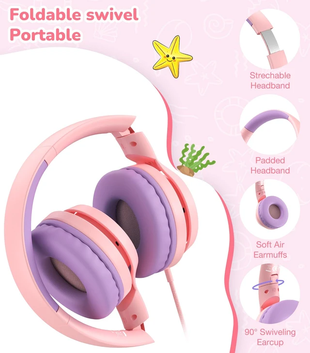 Alt view image 6 of 7 - USB-C Kids Headphones with Mic, Over Ear Headphones for School 85/94dB Safe Volume Limit, Adjustable Headband, Foldable Wired Headphones for Boys/ Girls/iPad/Tablet/Travel/Laptop, Pink