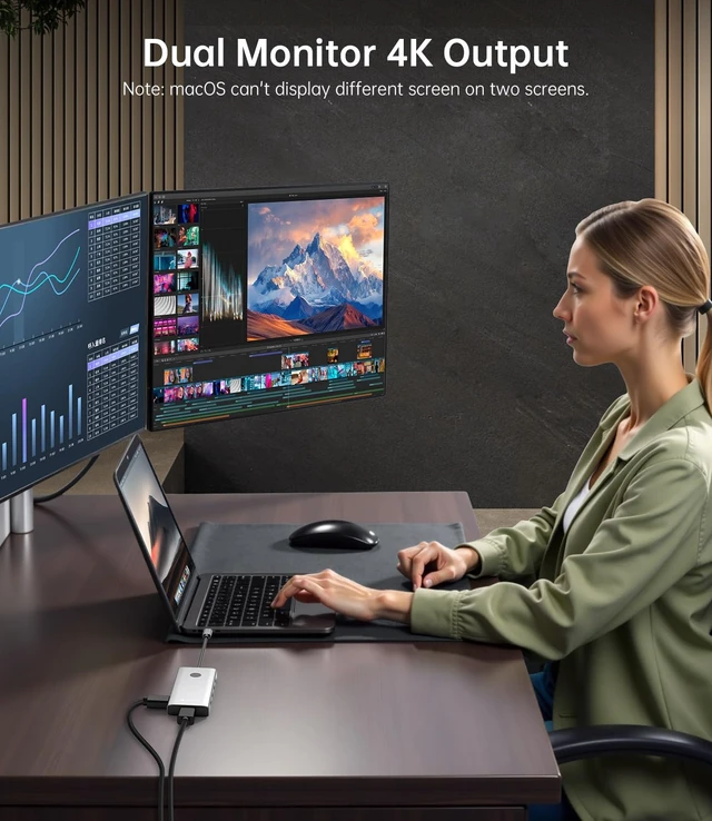 Alt view image 3 of 7 - 10-in-1 Laptop Docking Station, Dual Monitor 4K@60Hz, 2 HDMI, USB C Hub 3 x 5Gbps USB-A/C Data Ports, 2 x USB-A 2.0, SD/TF 3.0, 100W PD, One-Tap Display Off, for MacBook/HP/Dell/Lenovo